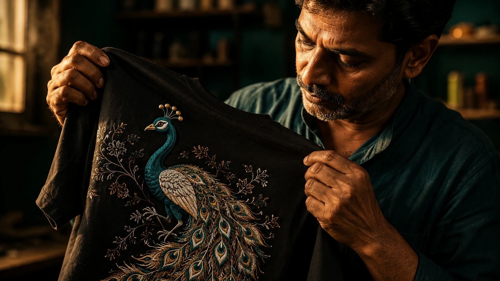 Close-up of intricate embroidered t-shirt detail by skilled Indian artisans — Luxureign